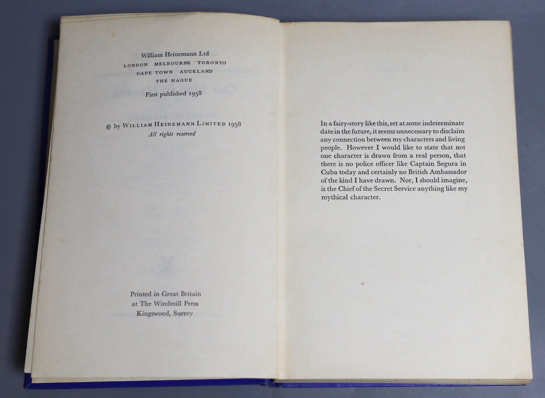 Greene, Graham - Our Man in Havana. 1st ed. original cloth with unclipped d/j. 8vo. Heinemann, London, 1958.